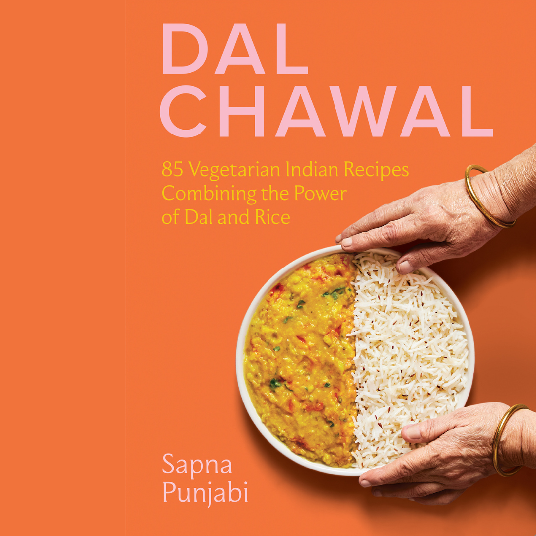 Dal Chawal cookbook cover by Sapna Punjabi showing yellow dal and white rice held by hands wearing gold bangles for a BuDhaGirl event