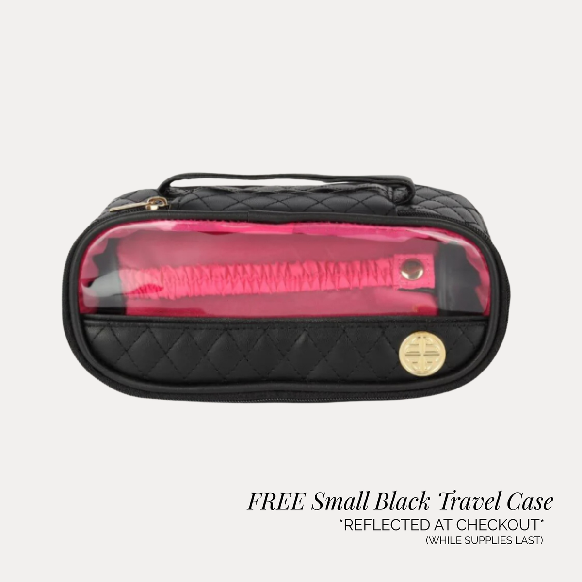 a black bag with a pink strap inside