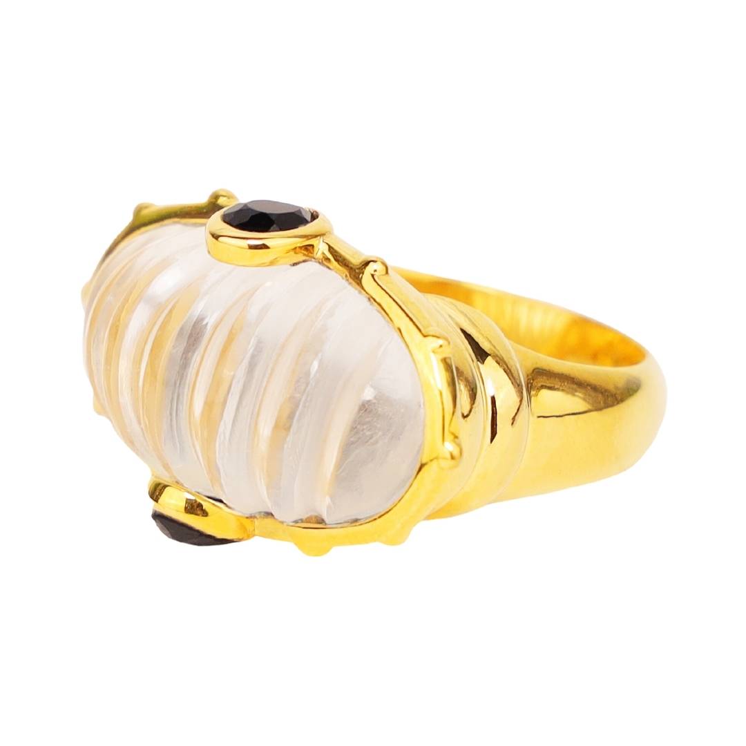 BuDhaGirl gold ring with a clear dome resin stone and a crystal on a white background