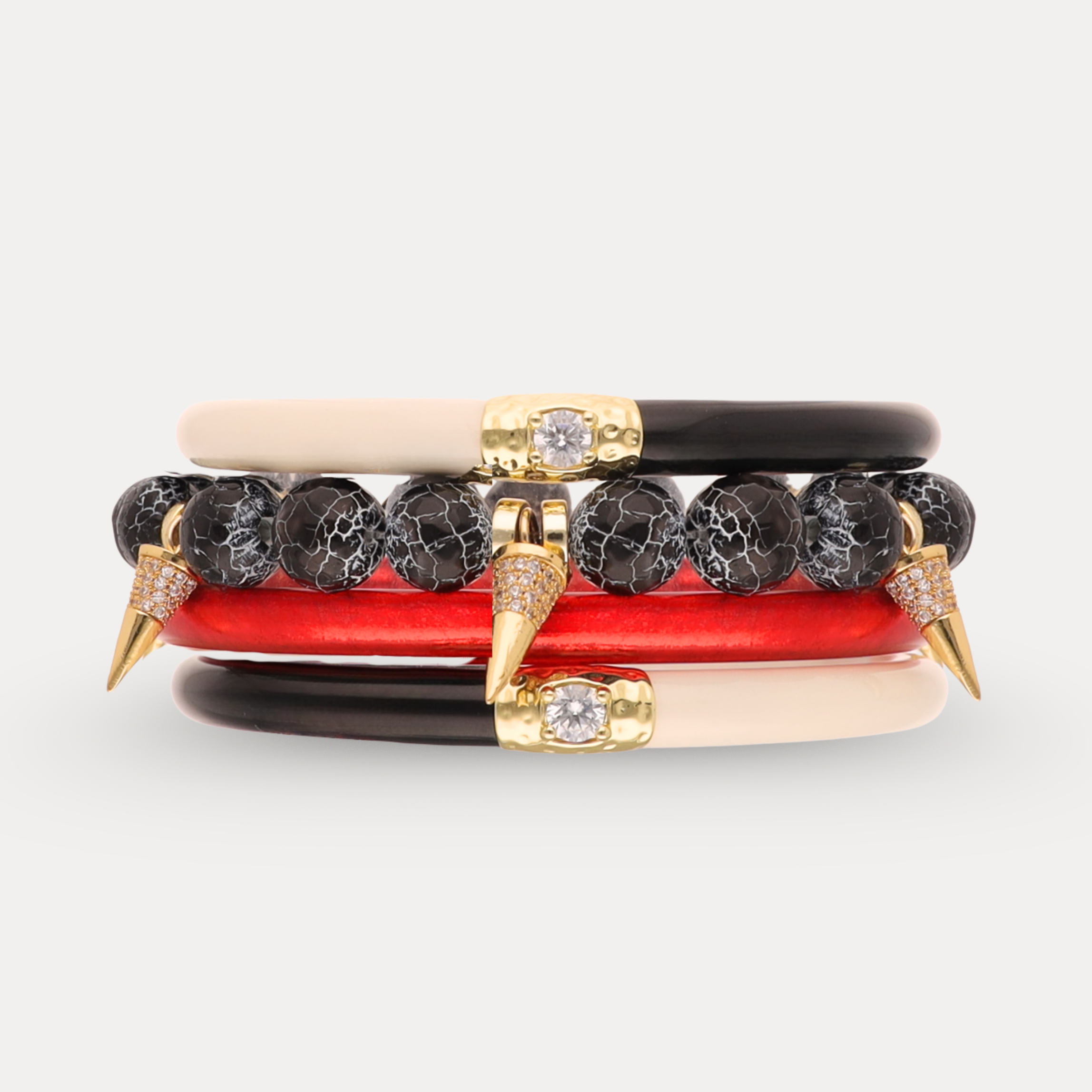 Set of colorful bracelets with unique designs on a light gray background