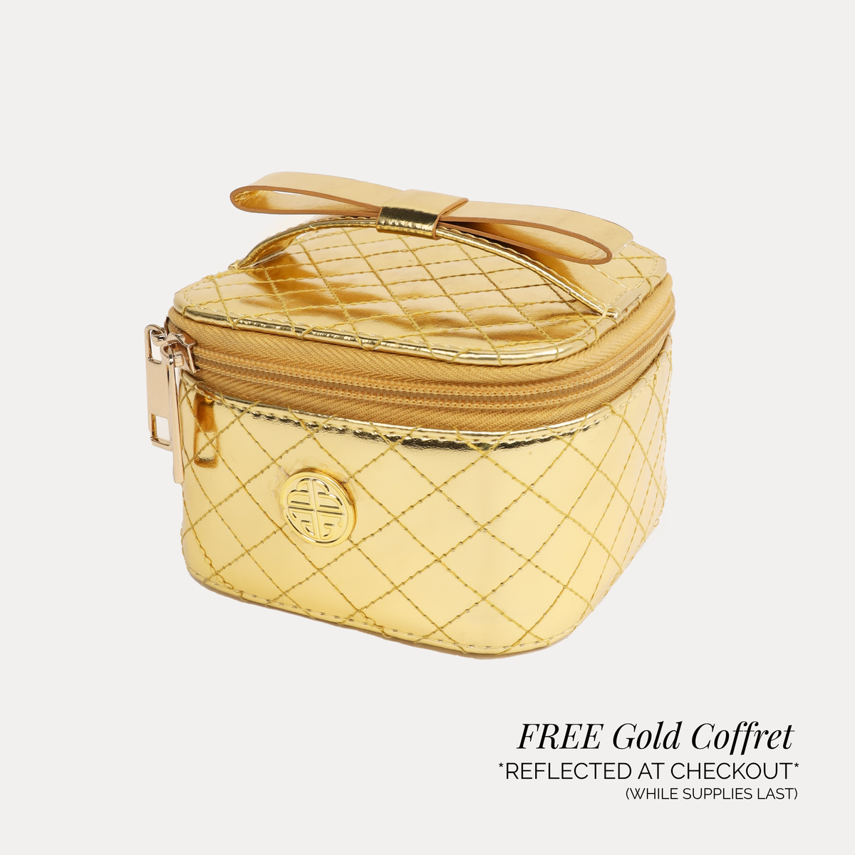 BuDhaGirl gold quilted coffret with a zippered lid and carry handle offered as a free gift reflected at checkout while supplies last