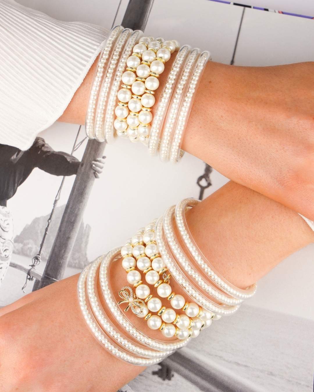 White Pearl Three Queens All Weather Bangles and White Pearl Wrap Bracelet with Gold Bow Charm | BuDhaGirl