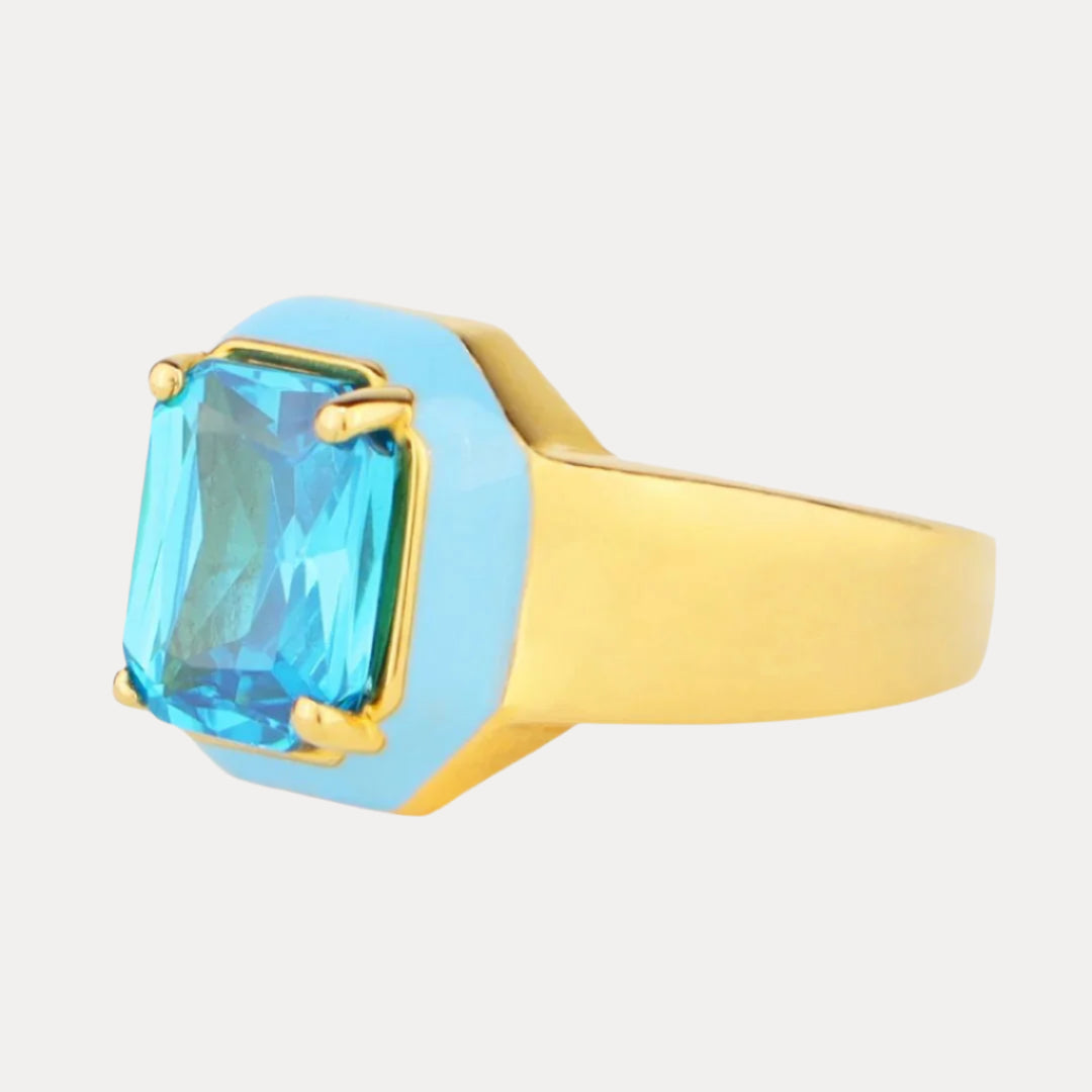 Azure Cushion Ring: Vibrant Enamel & Rectangle Crystals - BuDhaGirl