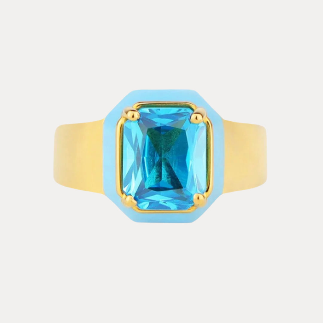 Azure Cushion Ring: Vibrant Enamel & Rectangle Crystals - BuDhaGirl