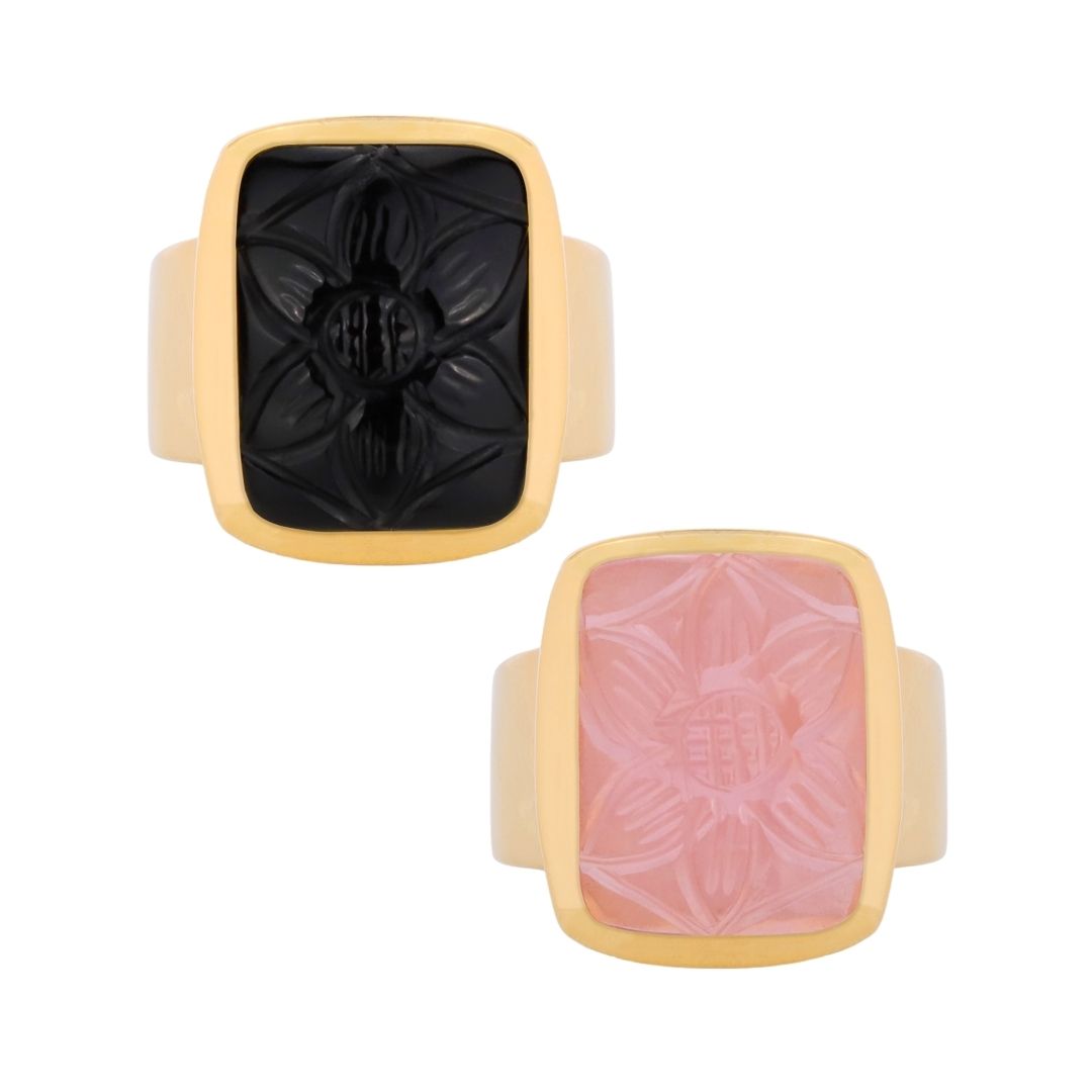Pink Chalcedony/Black Onyx Stone Camellia Ring | BuDhaGirl