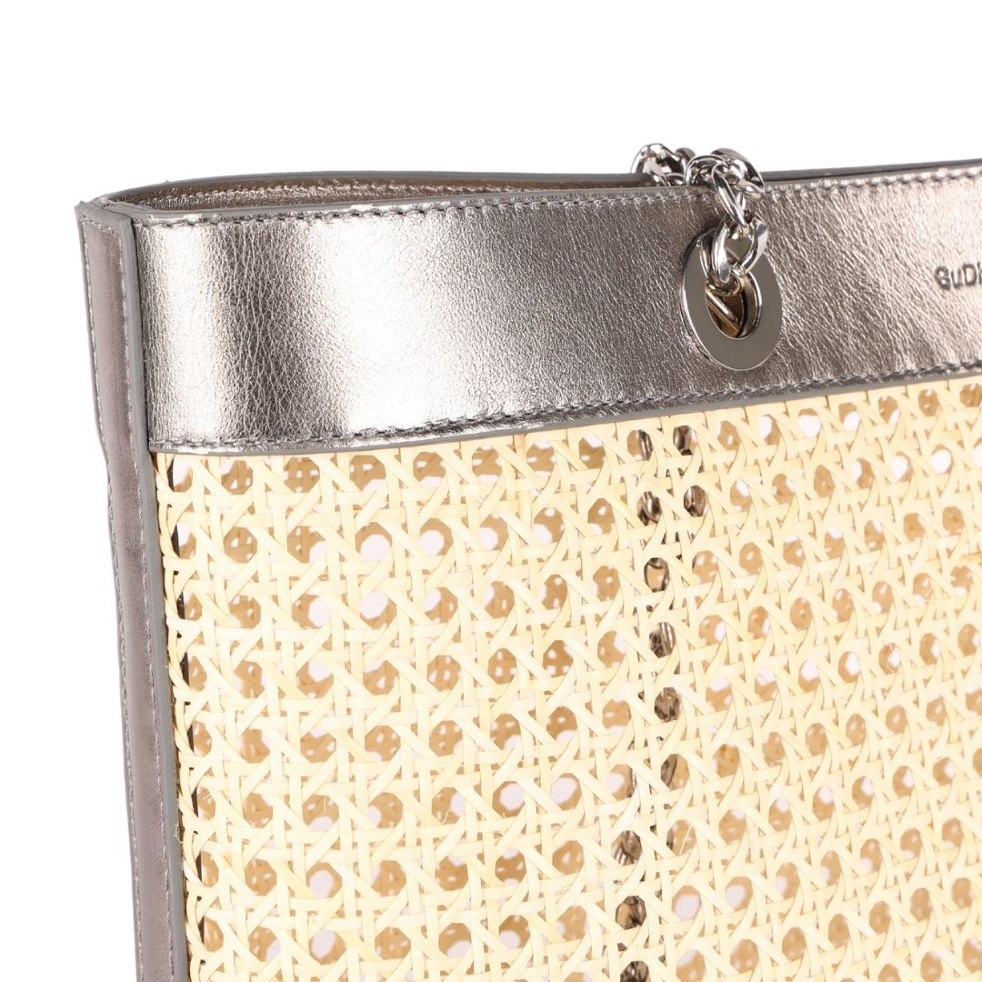 Cane/Wicker Tote With Gunmetal Leather Trim For Women(detail shot) | BuDhaGirl