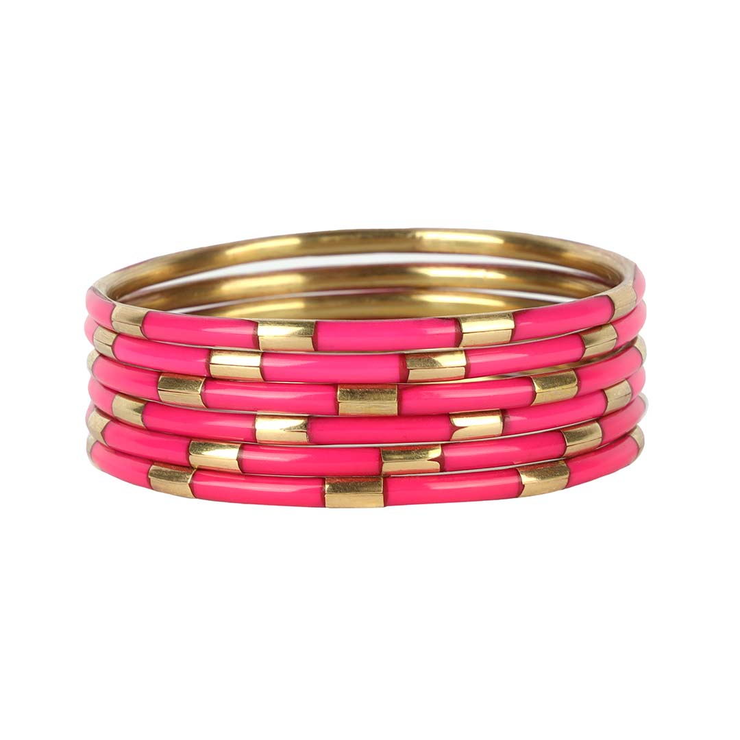 Pink Enamel Veda Bangle Bracelets - Set of 6