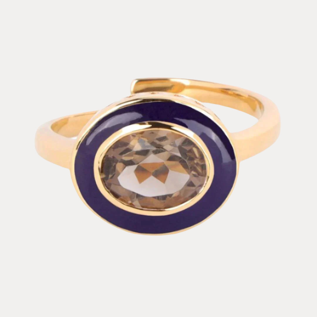 Navy Blue Smokey Crystal Faceted Crystal Cabochon Orb Enamel Bezel Galaxy Ring | BuDhaGirl