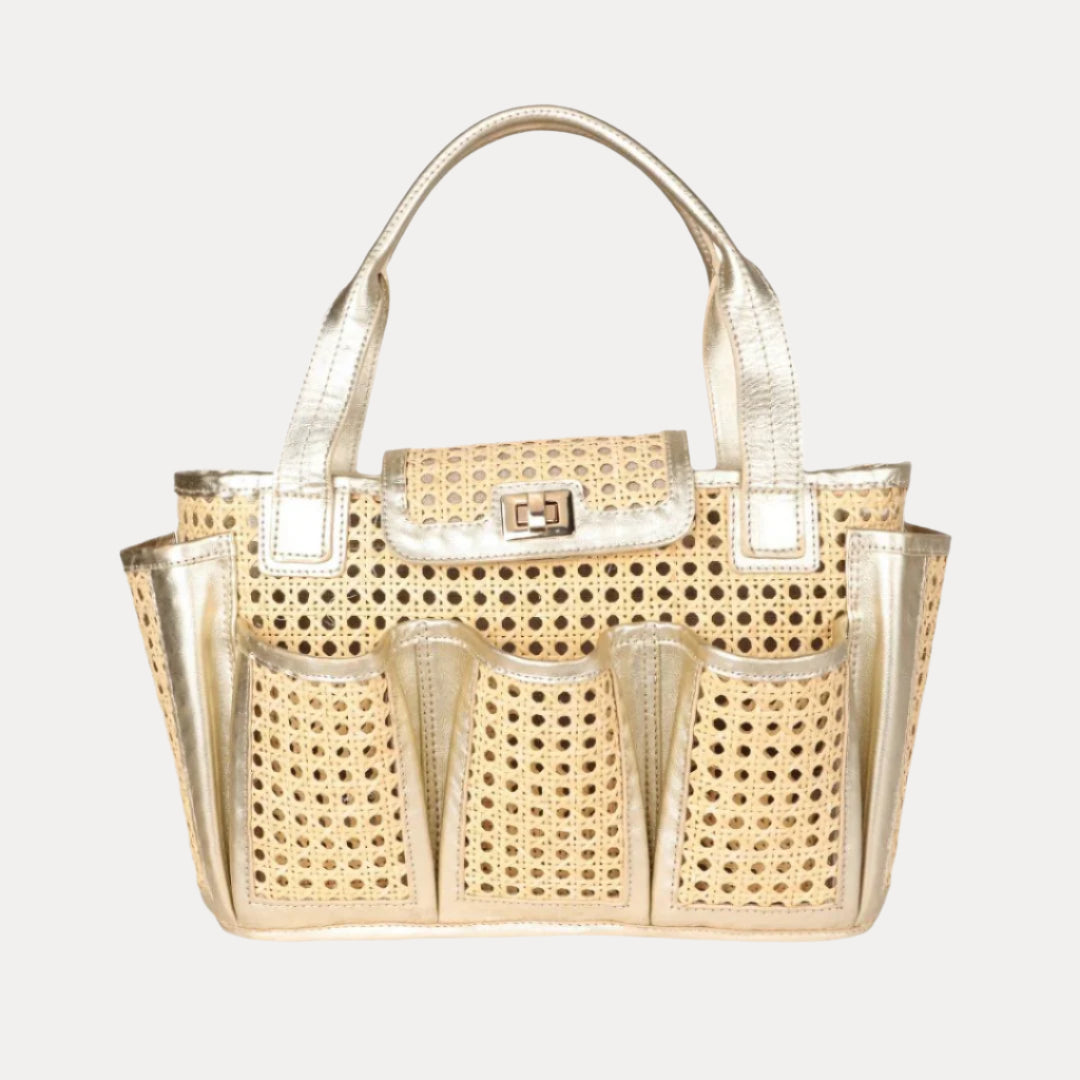 Natural Cane and Wicker Tote Bag For Women | Gold Leather Trim | BuDhaGirl