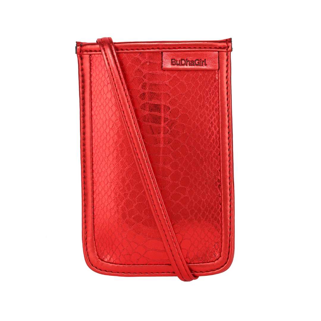 Faux Red Leather Trimmed Mobile Phone Cane Crossbody Bag For Women | BuDhaGirl