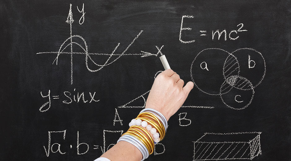 Do The Math - Model wearing All Weather Bangles and writing on a black board | BuDhaBrief by BuDhaGirl