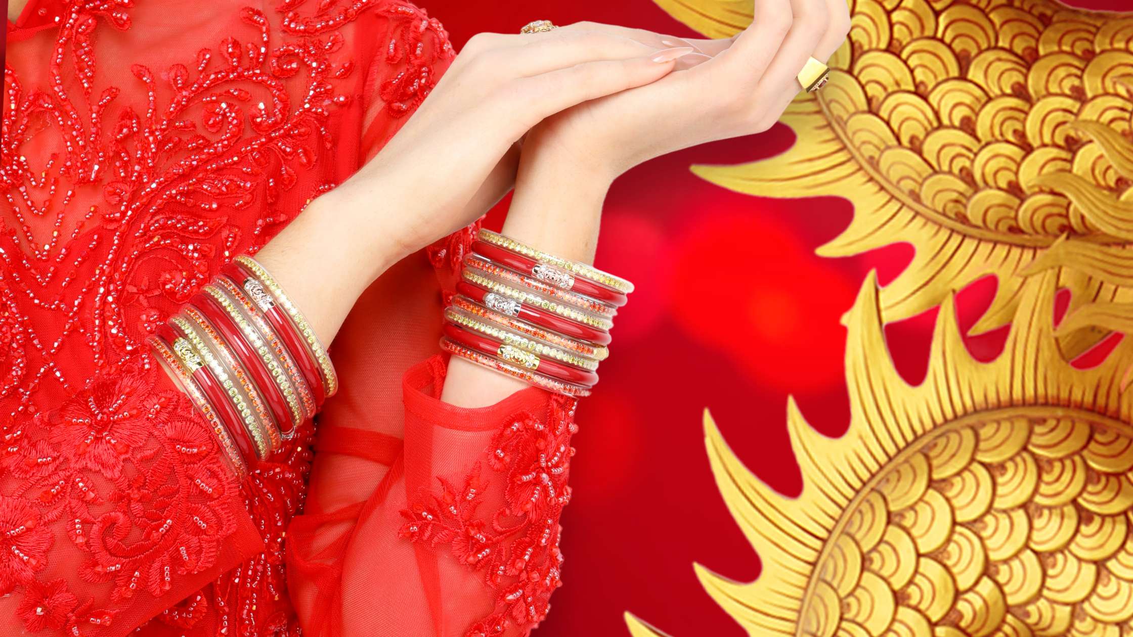Red and Gold Year of the Dragon Bangle Bracelet Stack on Model Wearing Red Dress for Lunar New Year | BuDhaGirl