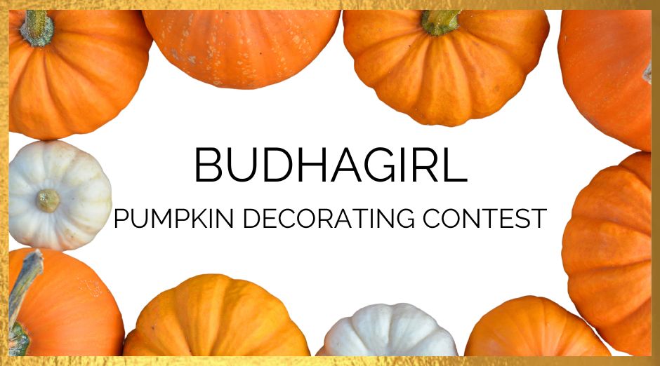 2022 BuDhaGirl Team Pumpkin Decorating contest banner with orange and white pumpkins | BuDhaBrief by BuDhaGirl