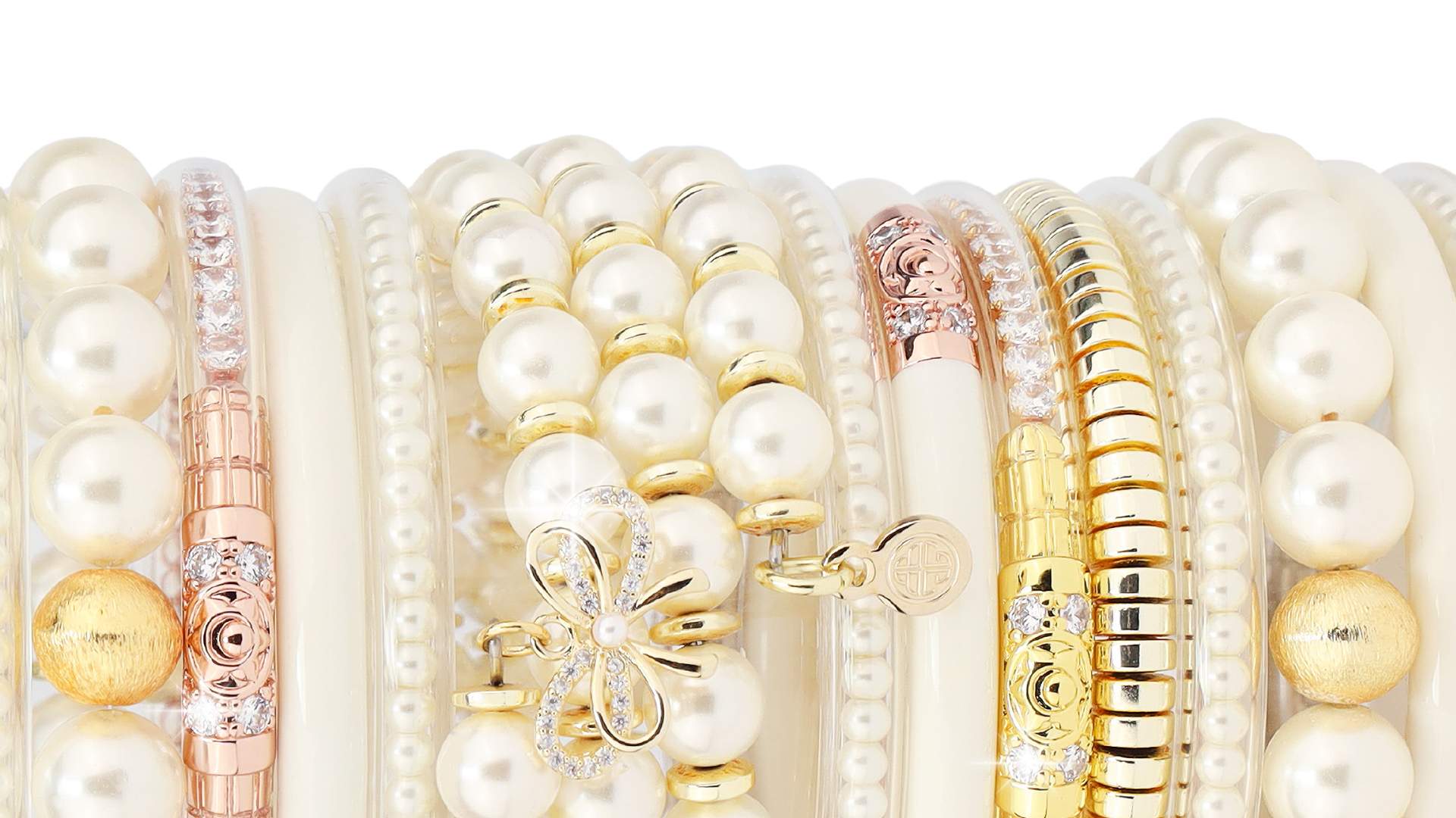 Luxe Bracelets for Women Banner Featuring Bracelet Stack with White Pearl Bracelets | BuDhaGirl