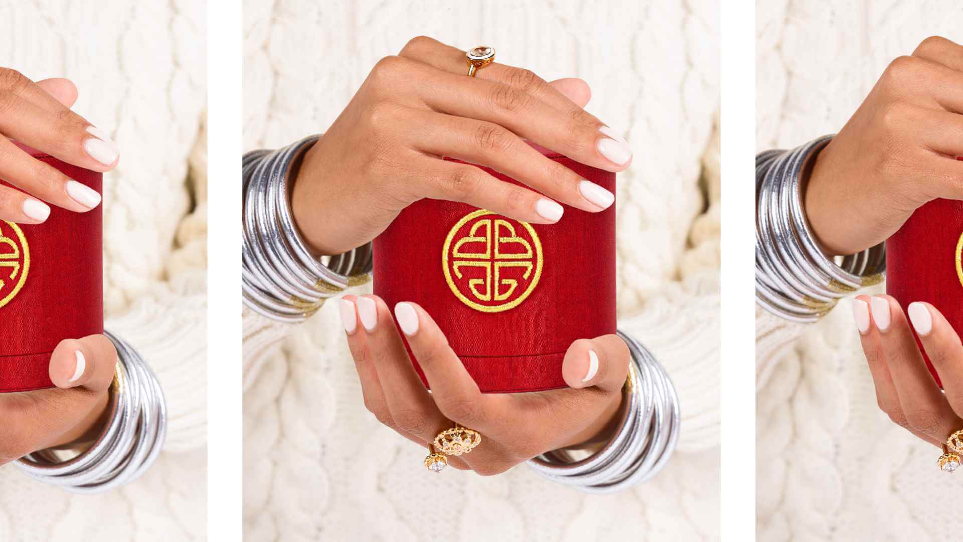 The BuDhaGirl Gift Guide | Gifts Under $100 | Woman Holding BuDhaGirl Red Silk Canister While Wearing Silver All Weather Bangles