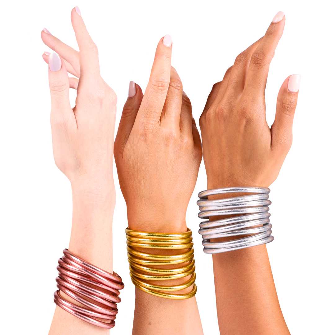 Three Hands Wearing Gold, Silver, and Rose Gold All Weather Bangle Bracelets for Women | BuDhaGirl