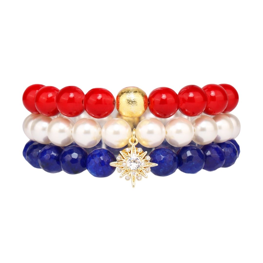 America Red, White, and Blue Beaded Bracelet Set for Women | BuDhaGirl