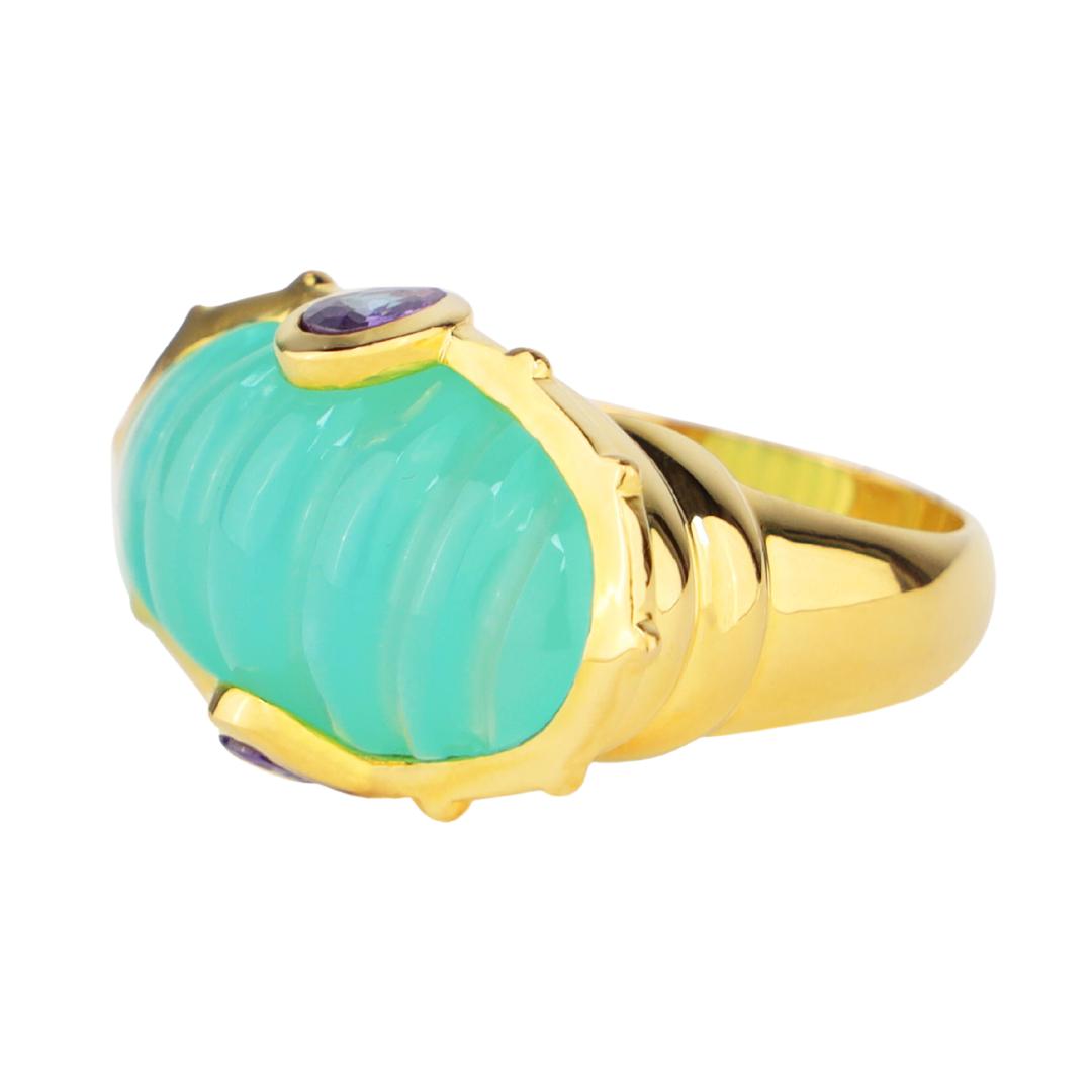 Aqua Chalcedony Resin Dome Gold Platted Brass Ring For Women