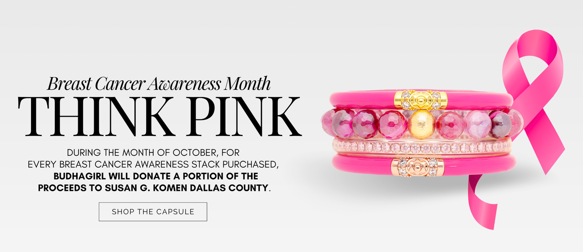 Breast Cancer Awareness Month Think Pink banner with pink bracelets, pink ribbon, donation message, and Shop the Capsule button
