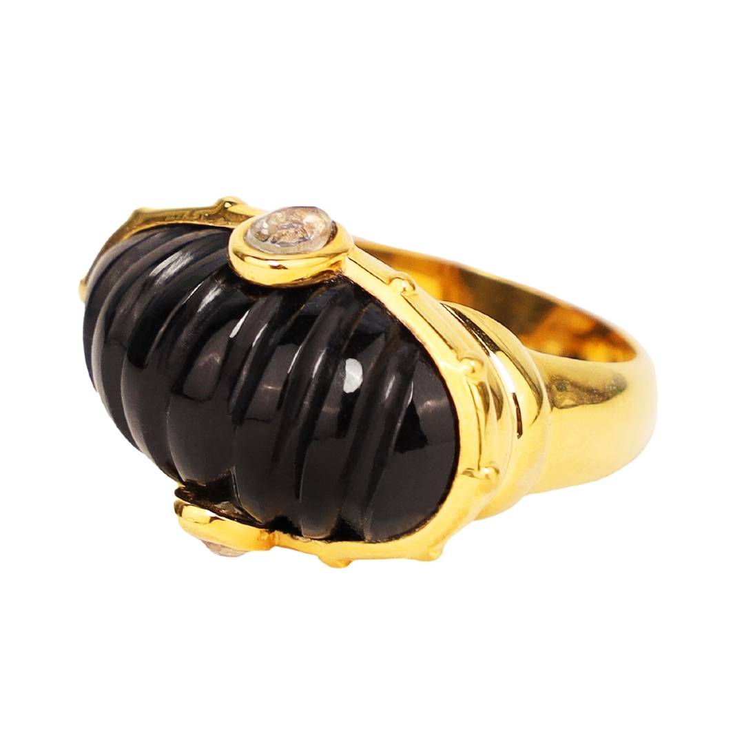 Black Onyx Resin Dome Gold Platted Brass Ring For Women | BuDhaGirl