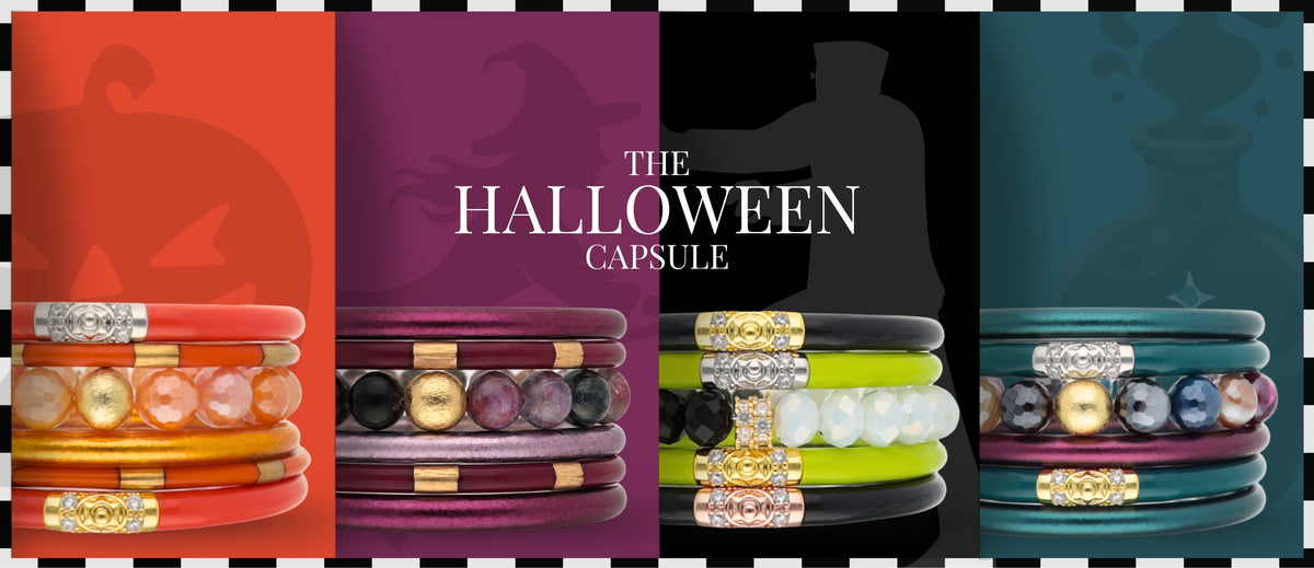 Graphic collage showing four stacks of colorful bangle bracelets for women with jeweled accents and the words The Halloween Capsule over dark seasonal backgrounds