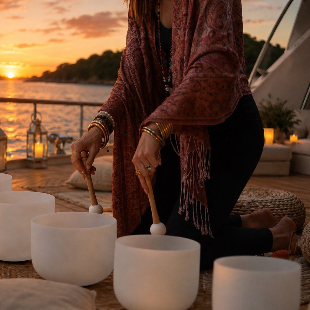 A person kneels on a boat deck at sunset, playing white singing bowls with wooden mallets, surrounded by lit candles and lanterns.