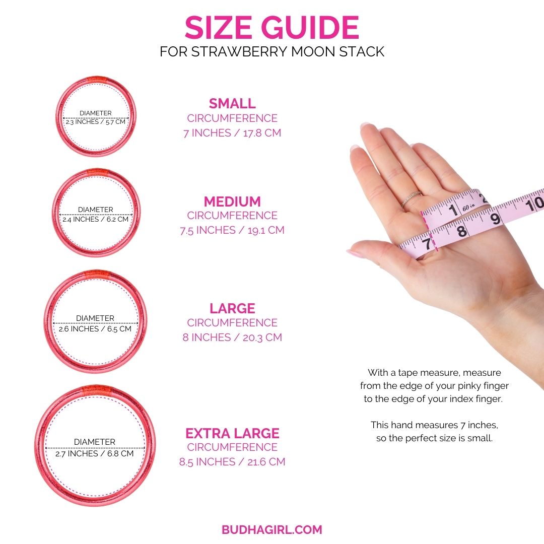 June's Strawberry Moon Bangle Bracelet Stack for Women Size Guide | BuDhaGirl