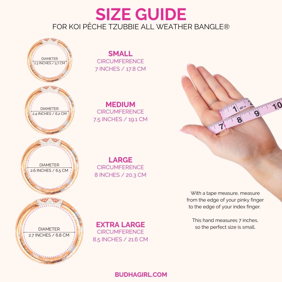 12.01.323.242.SM1,12.01.323.242.MD1,12.01.323.242.LG1,12.01.323.242.XL1, Size Guide for KOI Pêche Tzubbie Bangle Bracelet: Peach and Silver Mindful Accessory