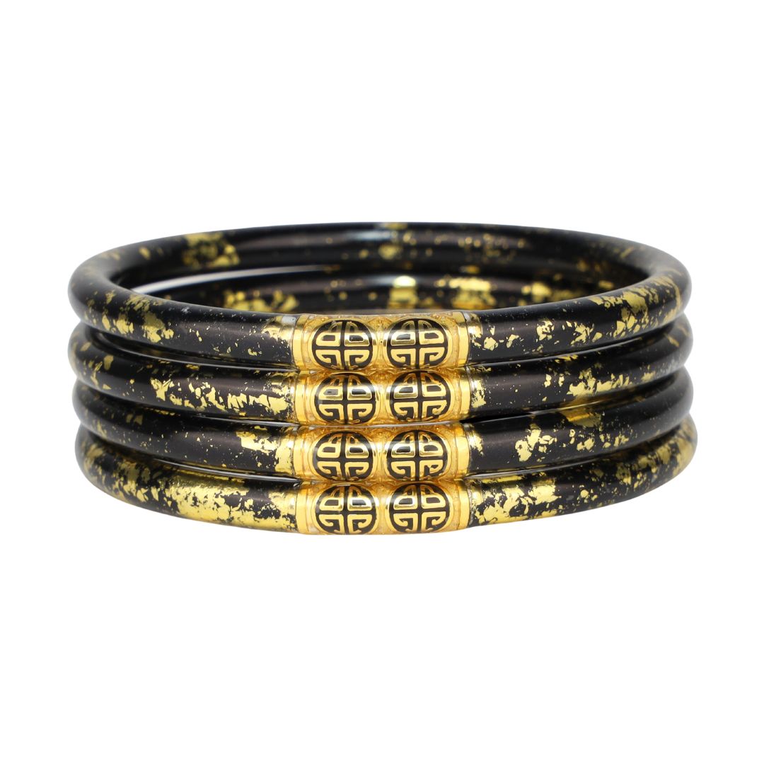 12.01.101.62.SM4,12.01.101.62.MD4,12.01.101.62.LG4,12.01.101.62.XL4, Koi Noir Black and Gold Foil All Weather Bangle Bracelets with BuDhaGirl Enamel Chop Logo Bead | BuDhaGirl