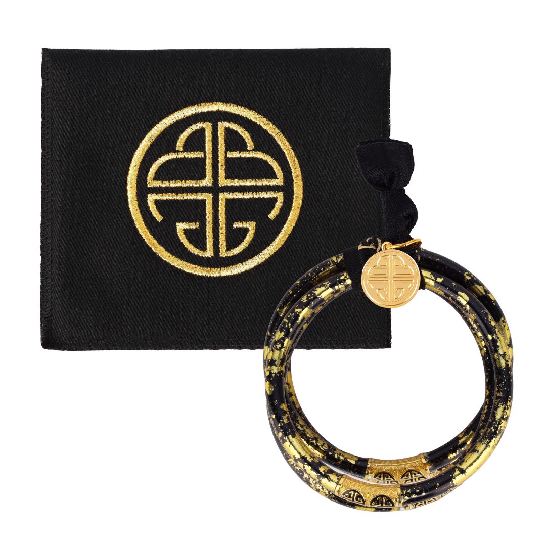 Koi Noir Black and Gold Foil All Weather Bangle Bracelets with BuDhaGirl Enamel Chop Logo Bead | BuDhaGirl