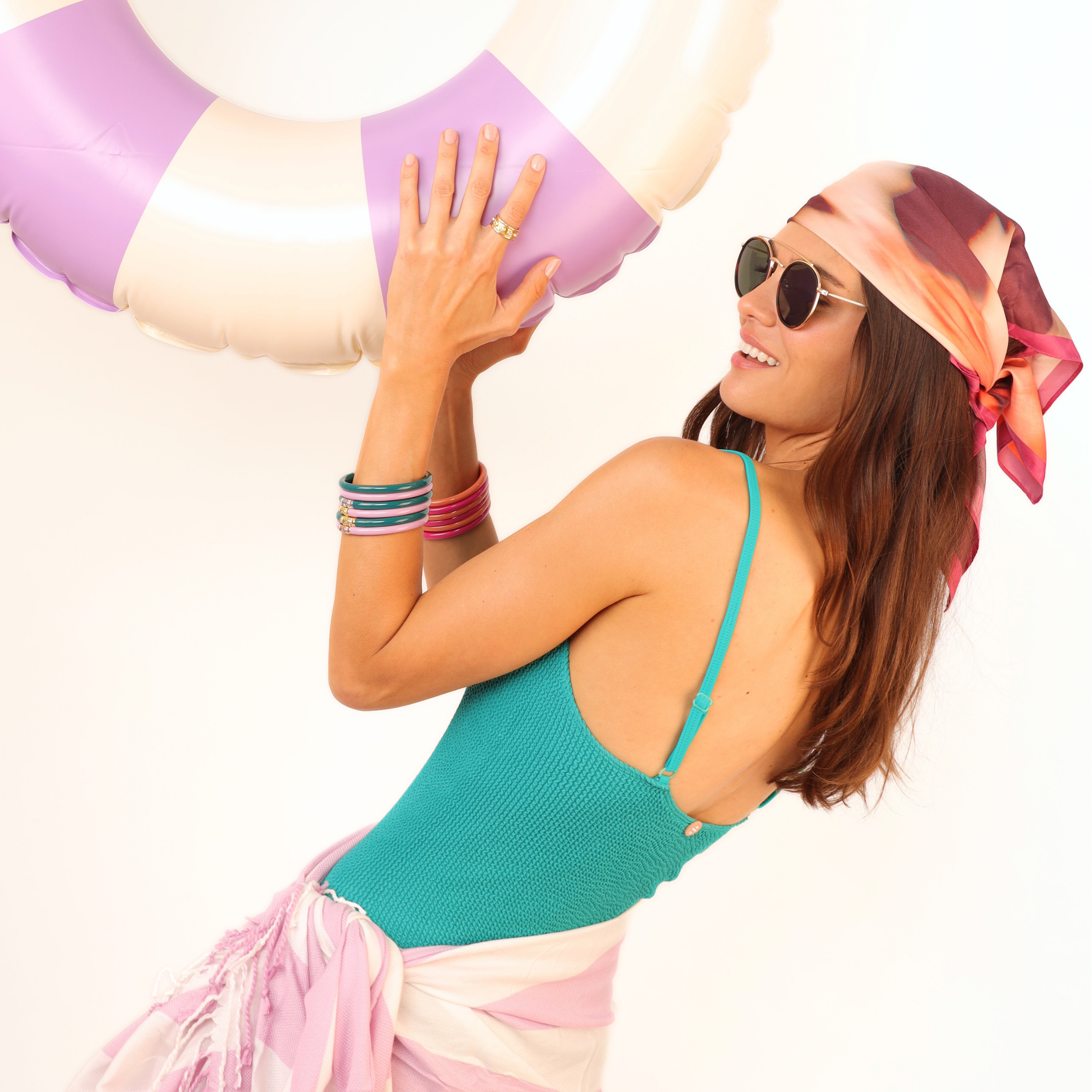 a woman holding a float
