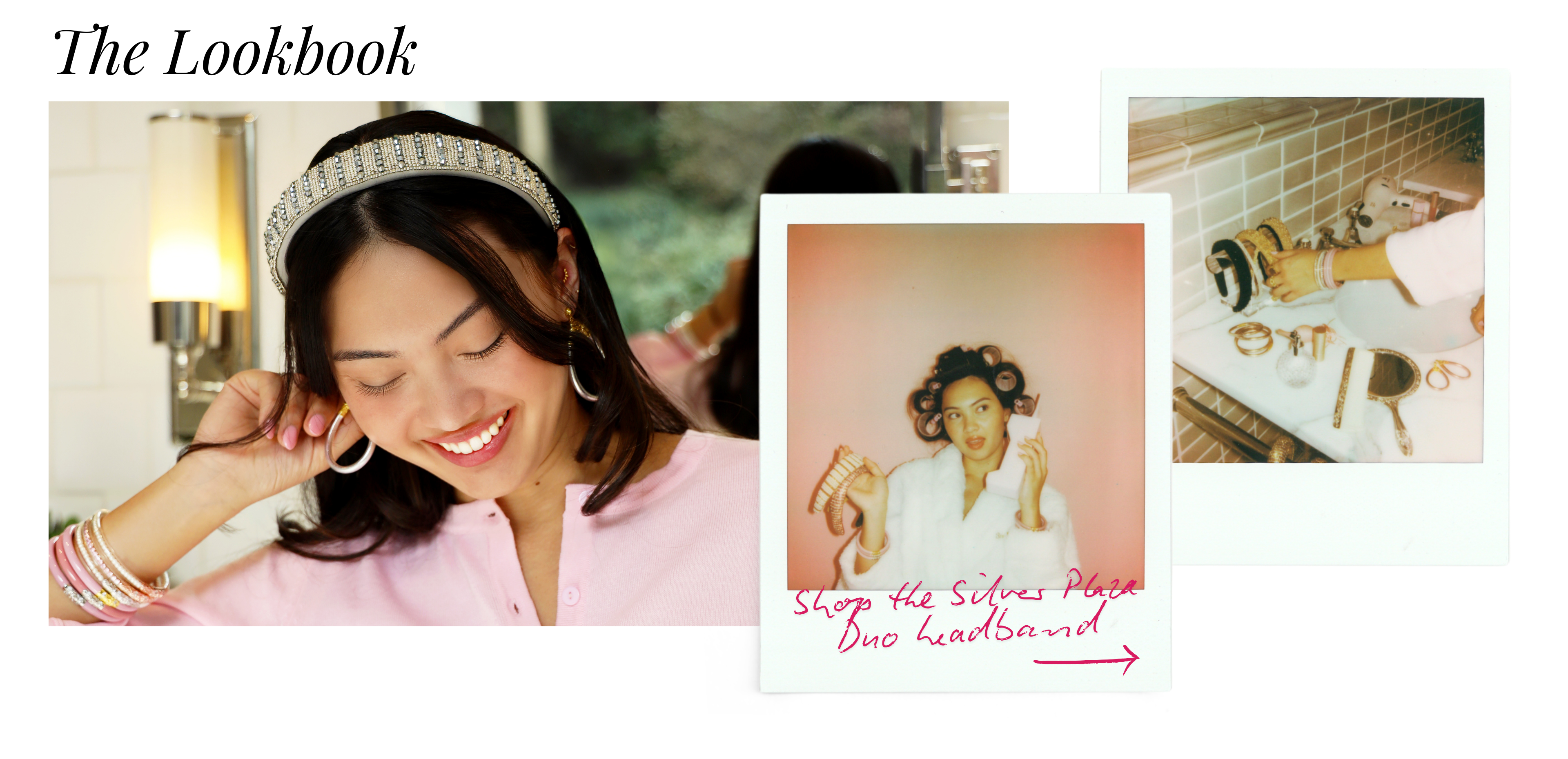 Collage of a woman in a pink outfit with text 'The Lookbook' and 'Shop the Silver Plaza Duo Headband'.