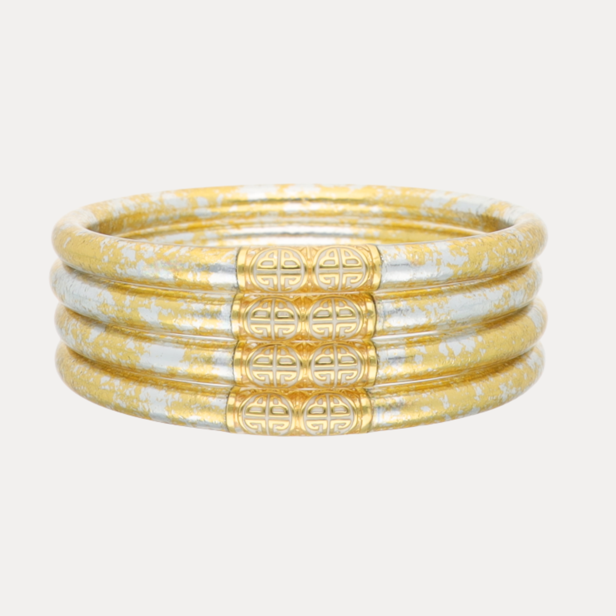 BuDhaGirl gold and silver marbled bangle bracelets for women with four stacked rings and ornate gold center accents