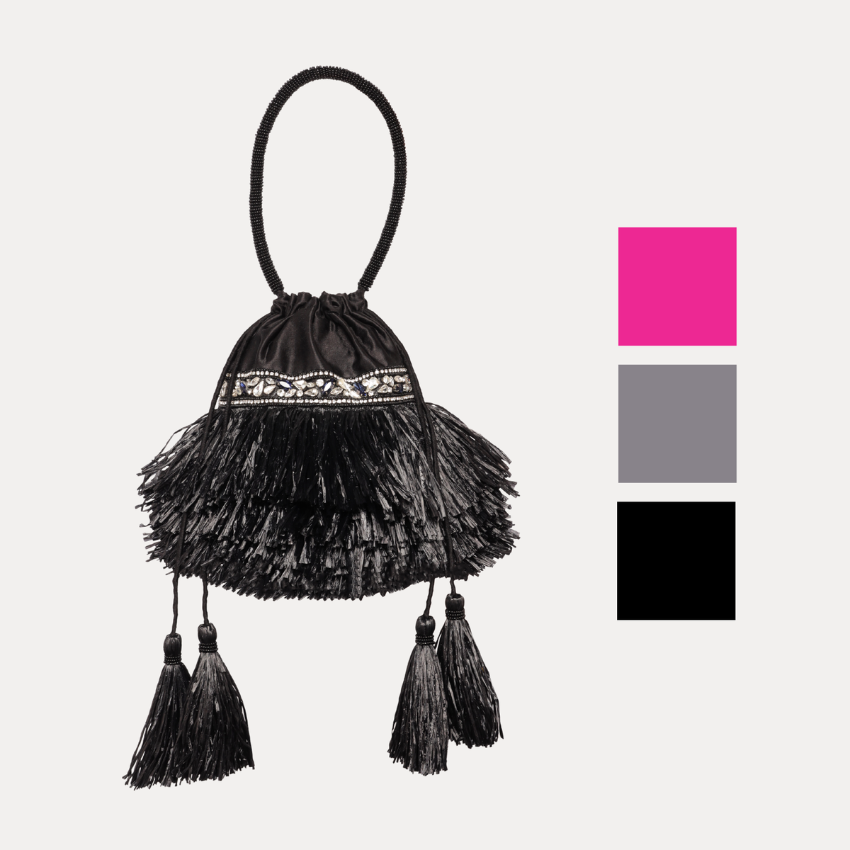 BuDhaGirl black Lola bag with layered fringe tassels beaded trim and long handle shown with pink gray and black color swatches