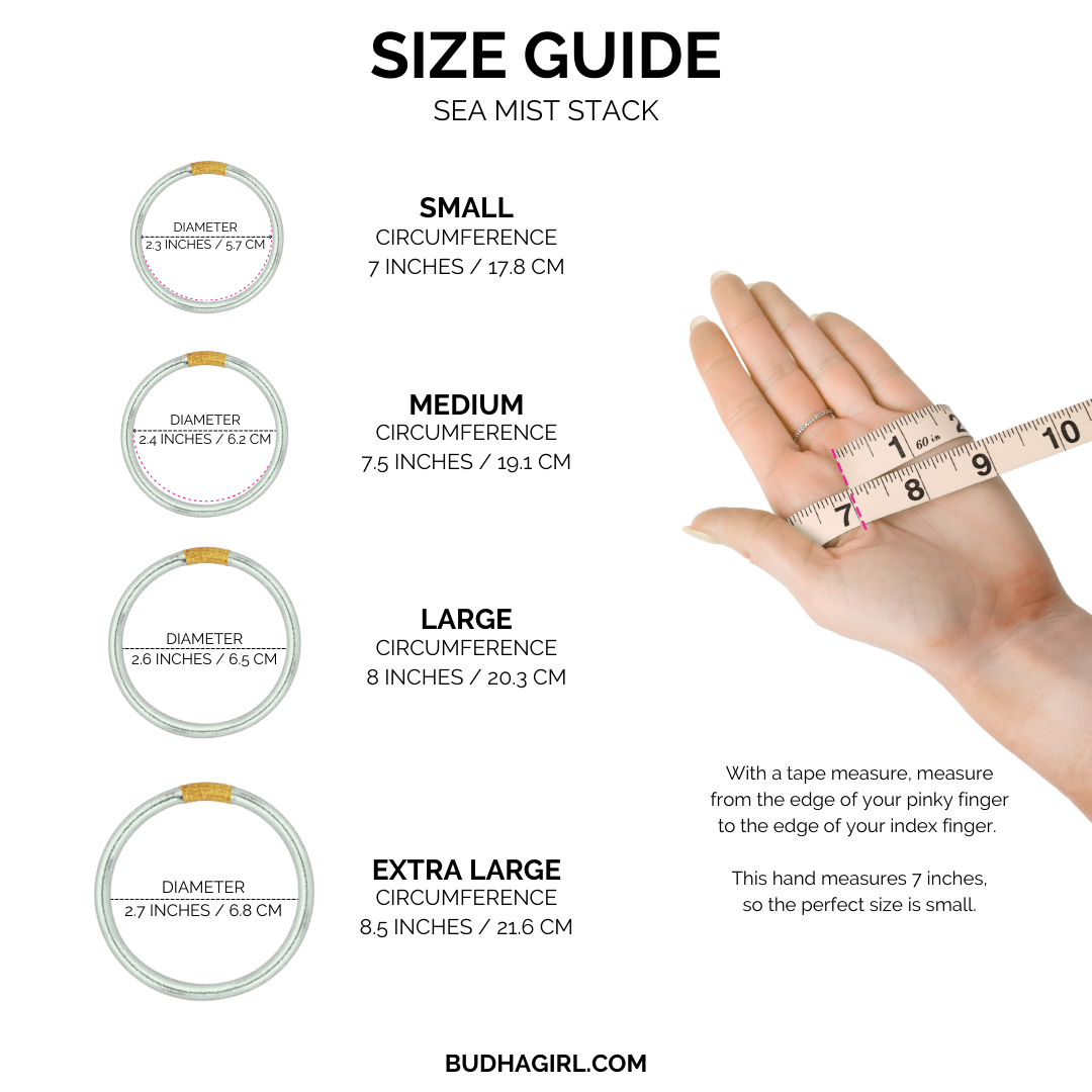 Size guide for 'Sea Mist Stack' jewelry with hand measurement and measurements listed.