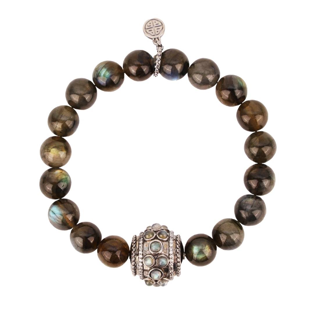 A Labradorite and sterling silver bracelet. The bracelet features a series of polished Labradorite beads, which have a distinctive iridescent sheen. The beads are strung on a delicate sterling silver chain. The bracelet is adjustable to fit most wrist sizes.