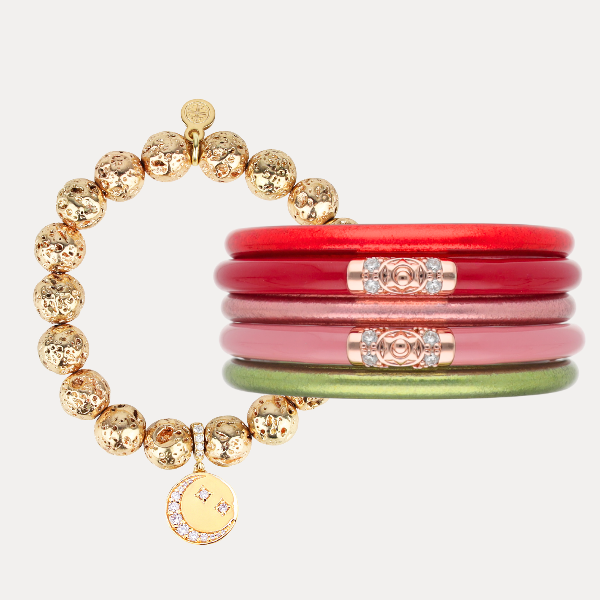 Gold beaded bracelet with a stack of colorful bracelets on a white background