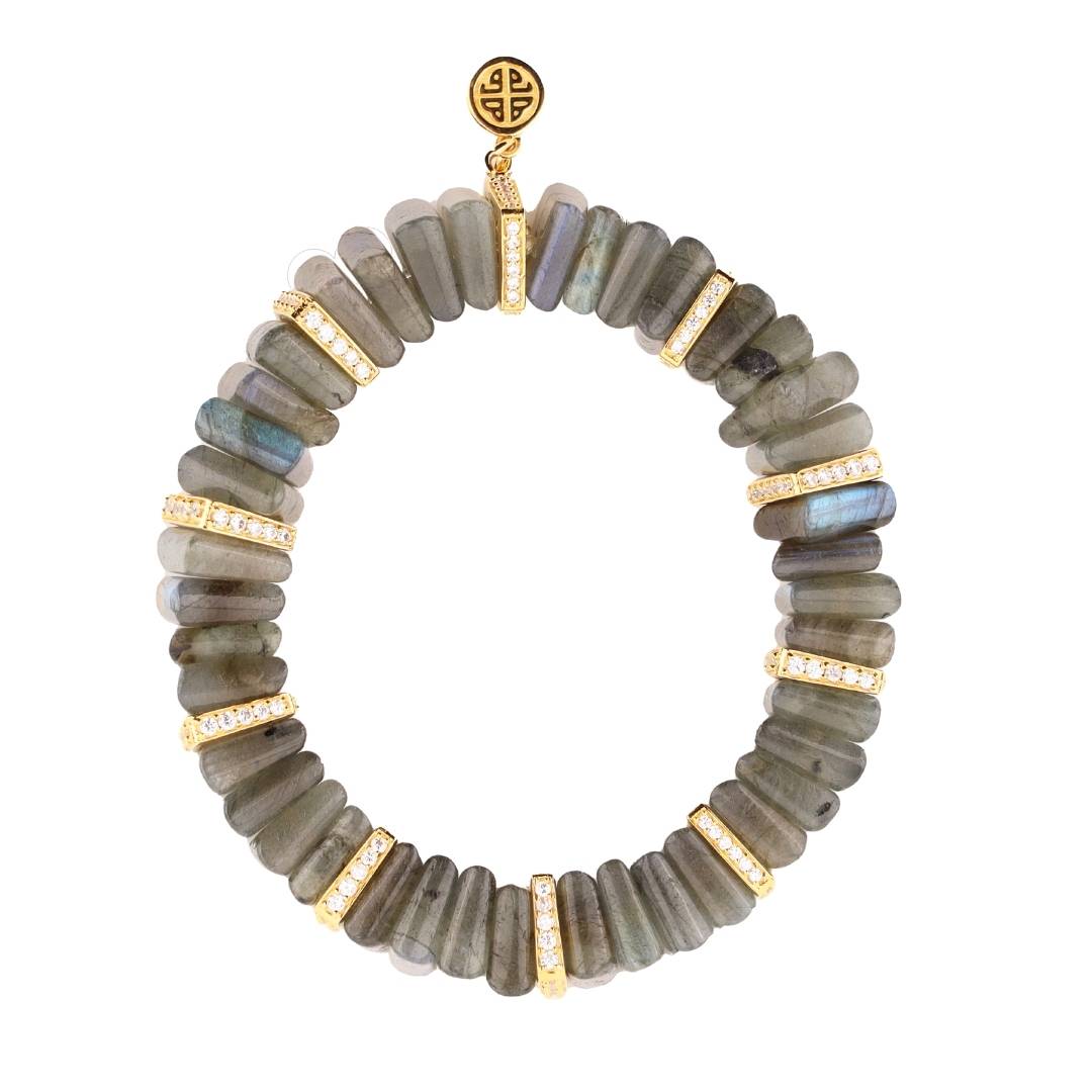 BuDhaGirl tablet labradorite and crystals bracelet on a white background.