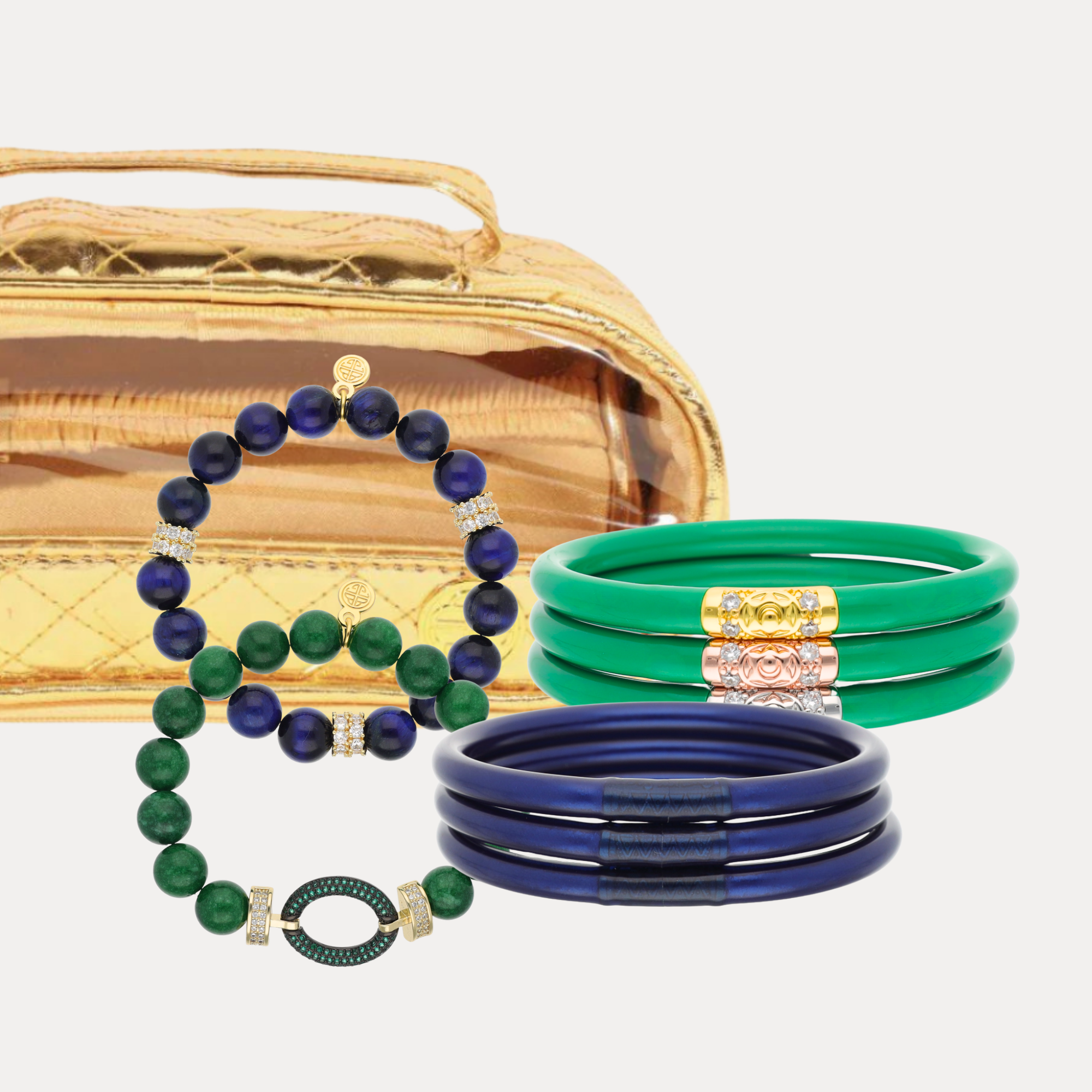 The American Classic Bundle featuring bangle bracelets in vibrant colors and a chic gold bag.