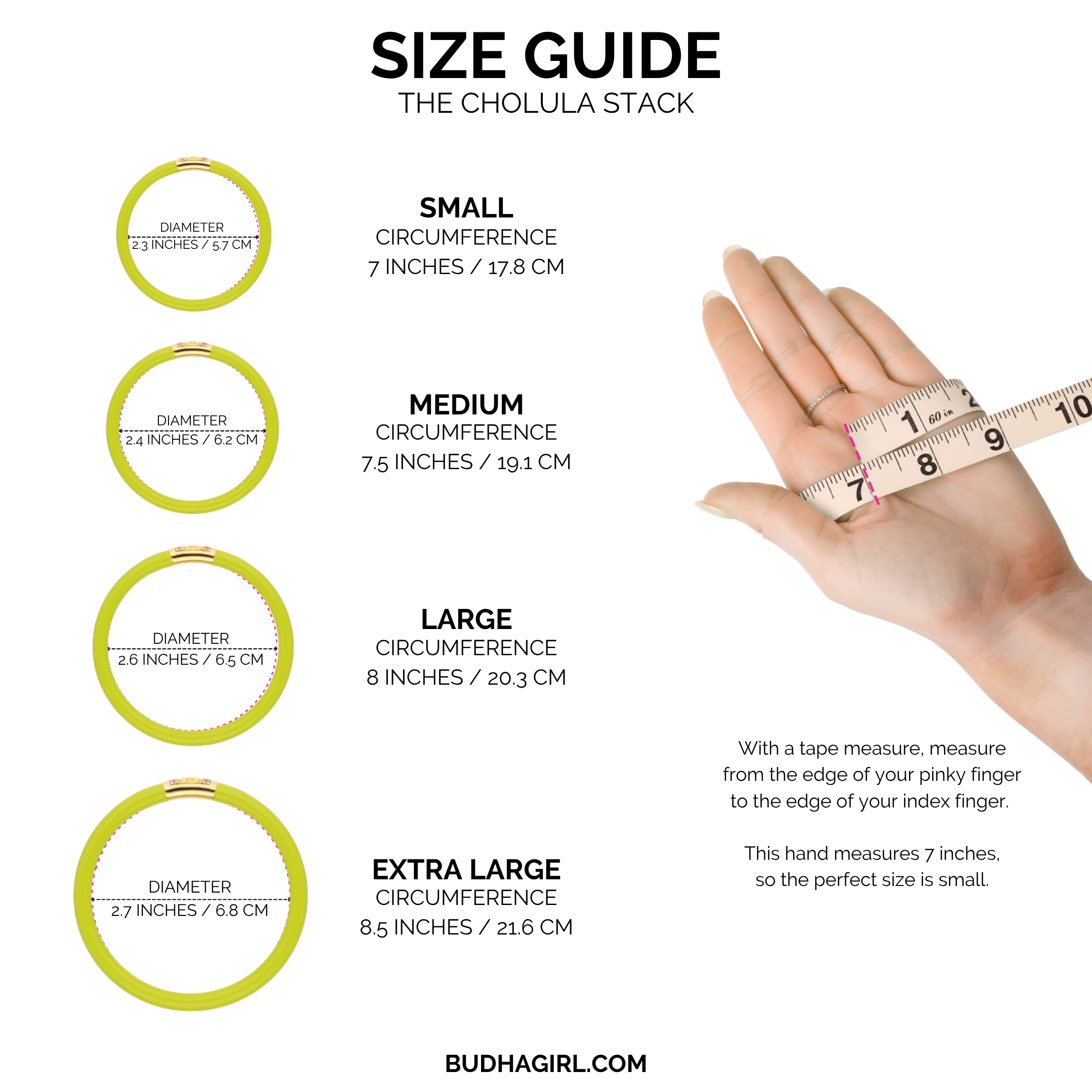 Size guide for 'The Cholula Stack' with hand and tape measure illustration, showing measurements in inches and centimeters.