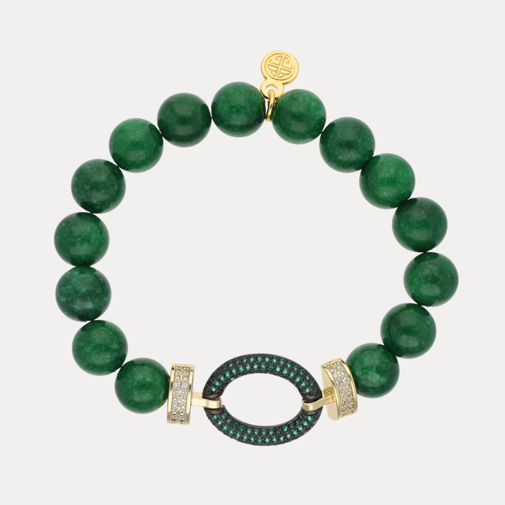 Imperial Bracelet featuring rich green beaded stones, pavé oval bead, and gold accents, ideal for elegant styling.