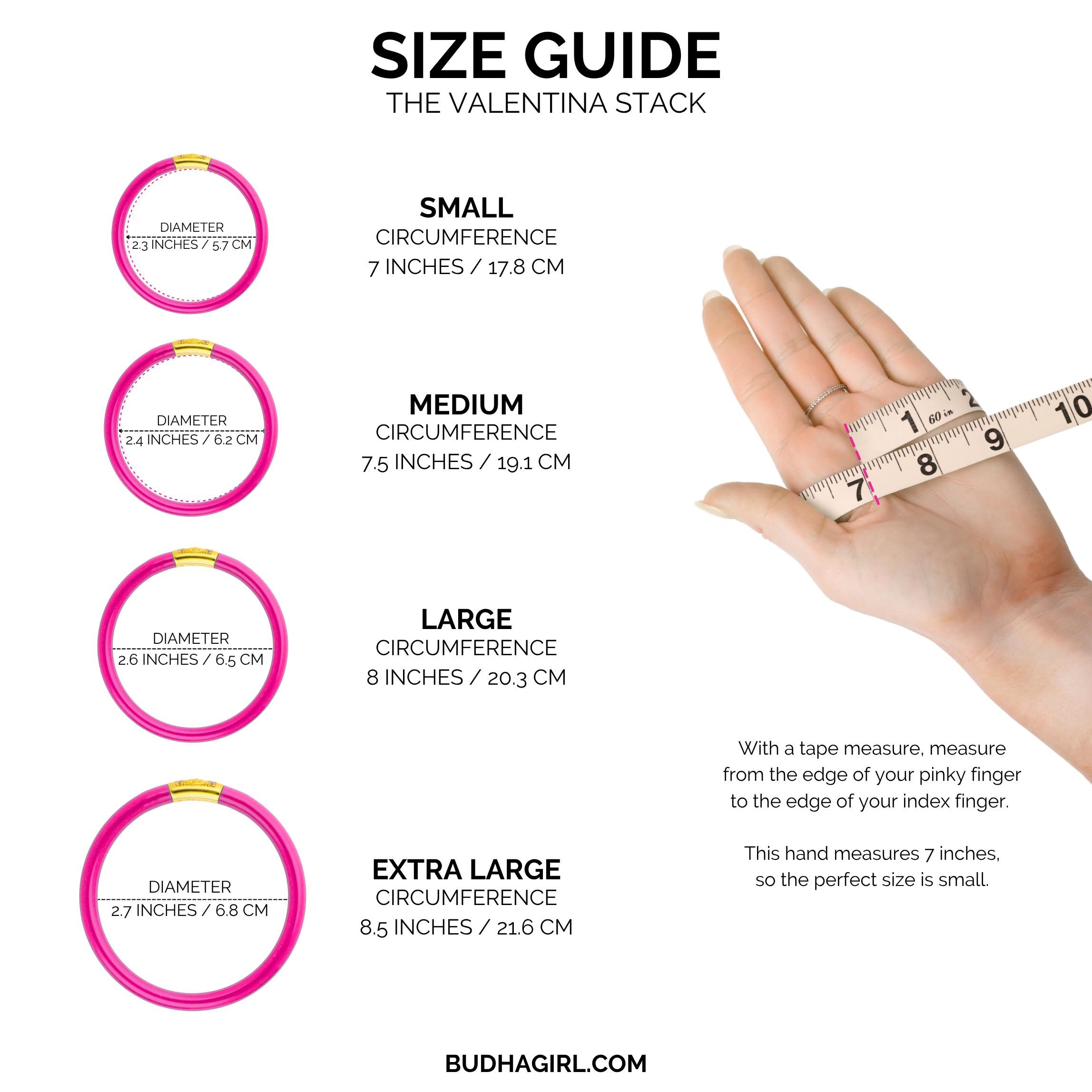 Size guide for 'The Valentina Stack' jewelry set with hand and tape measure illustration.