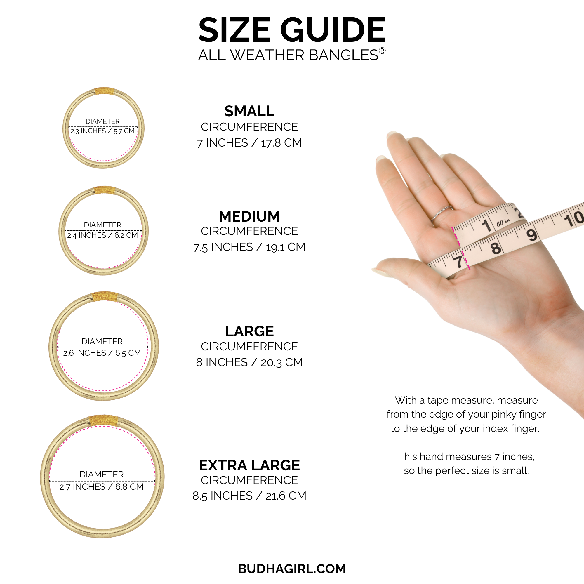 Size guide for Three Kings All Weather Bangles® (AWB®) in various sizes, including small, medium, large, and extra large.