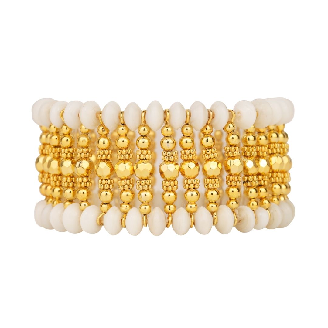 Tuskara Gold Stretch Bracelet | White & Gold Beaded Jewelry | BuDhaGirl