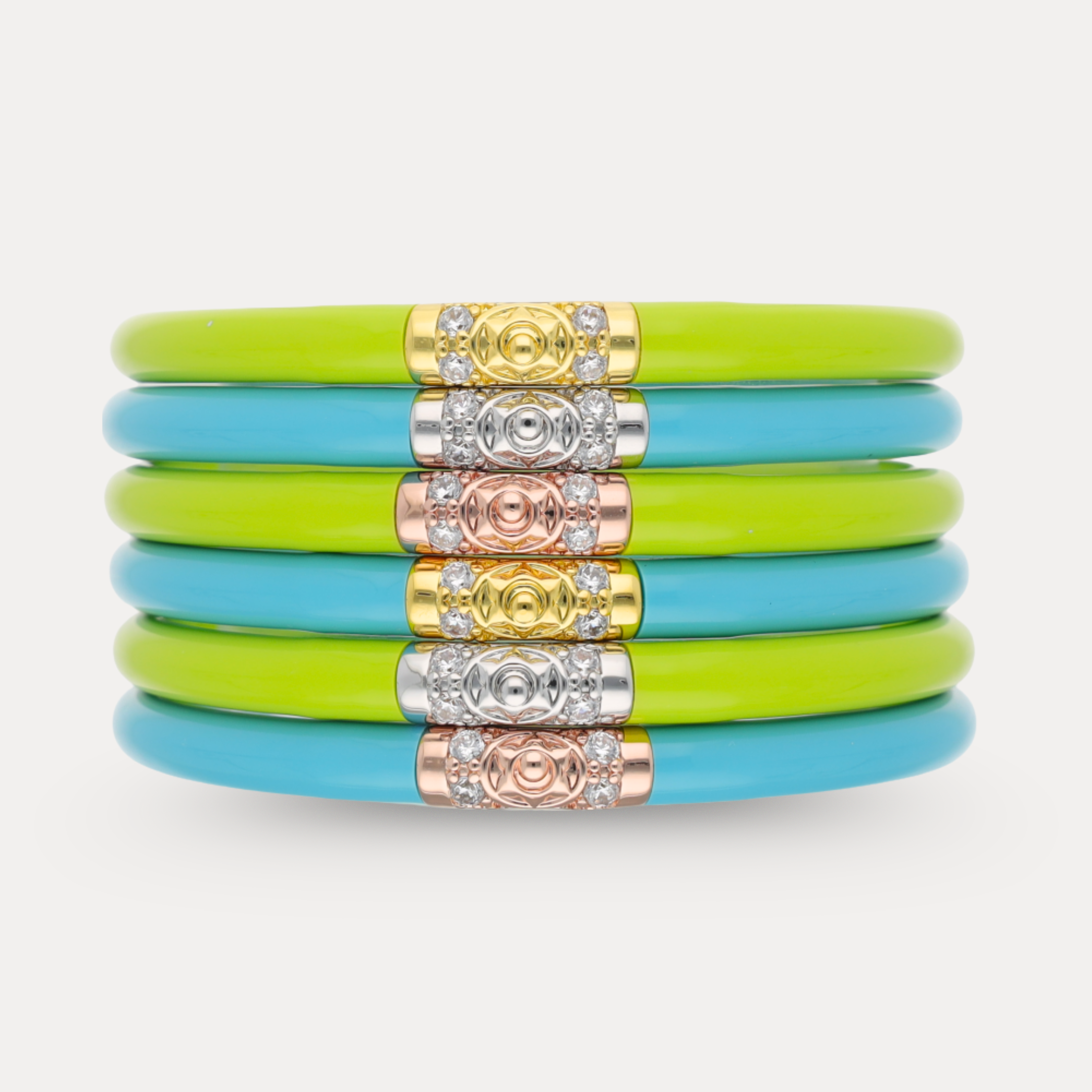 a stack of colorful bracelets
