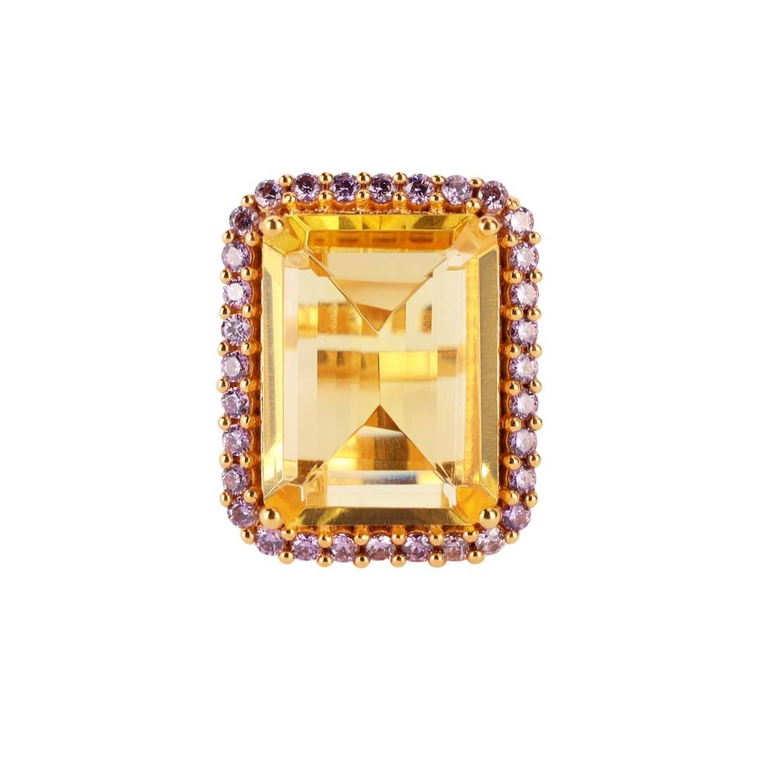 Citrine with Amethyst Crystal Faceted Crystal Cabochon With Gemstones - Nebula Ring | BuDhaGirl