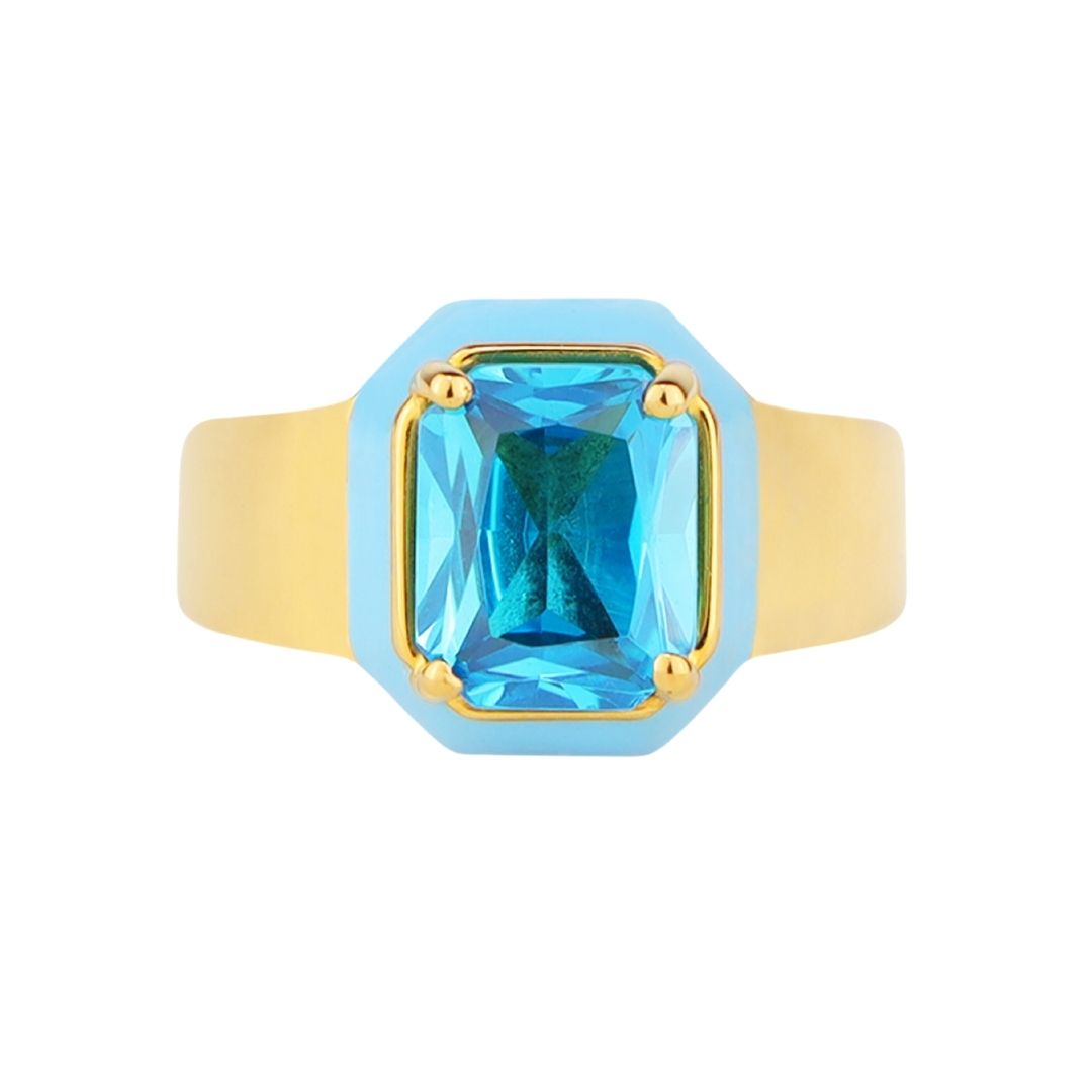 Azure Cushion Ring: Vibrant Enamel & Rectangle Crystals - BuDhaGirl