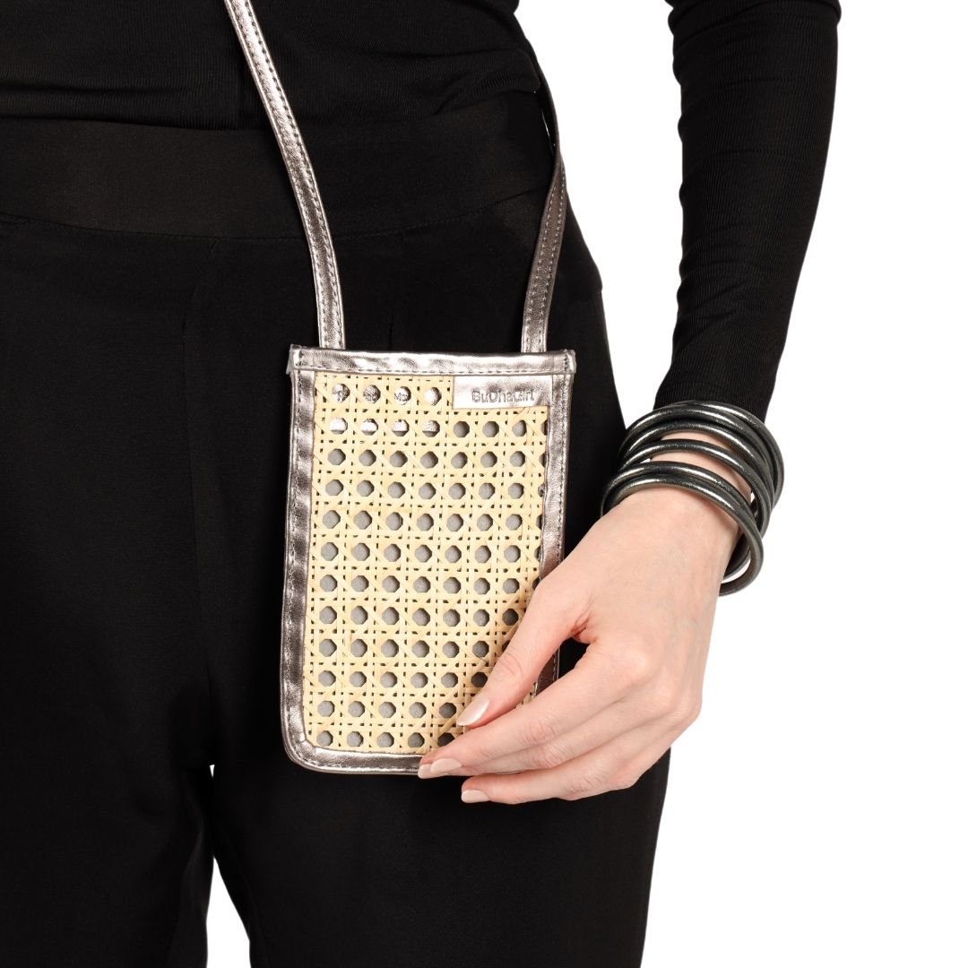 Gunmetal Mobile Phone Cane Crossbody Bag For Women (styled with model wearing Graphite All Weather Bangle Bracelets) | BuDhaGirl