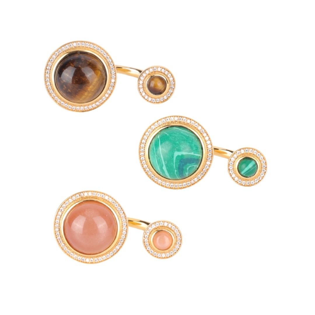 Malachite/Peach Moonstone/Tiger Eye Maxi Orbit Adjustable Size Ring | BuDhaGirl
