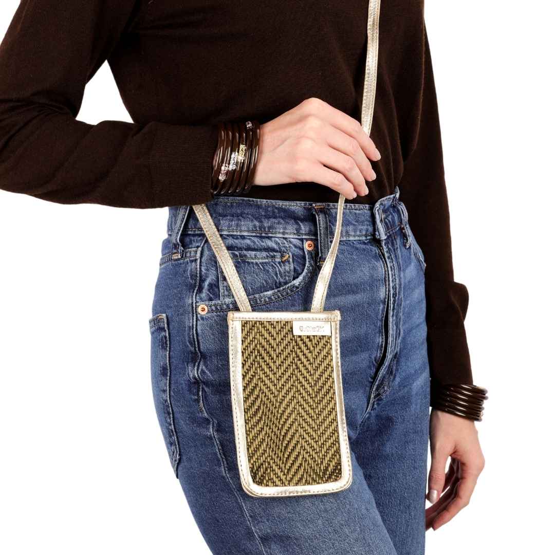 Moss Green Leather Trimmed Mobile Phone Cane Crossbody Bag For Women | BuDhaGirl